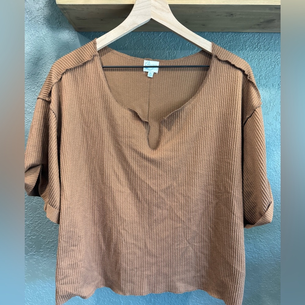 Blue Rain Ribbed Short Sleeve V-Notch Top in Camel Brown